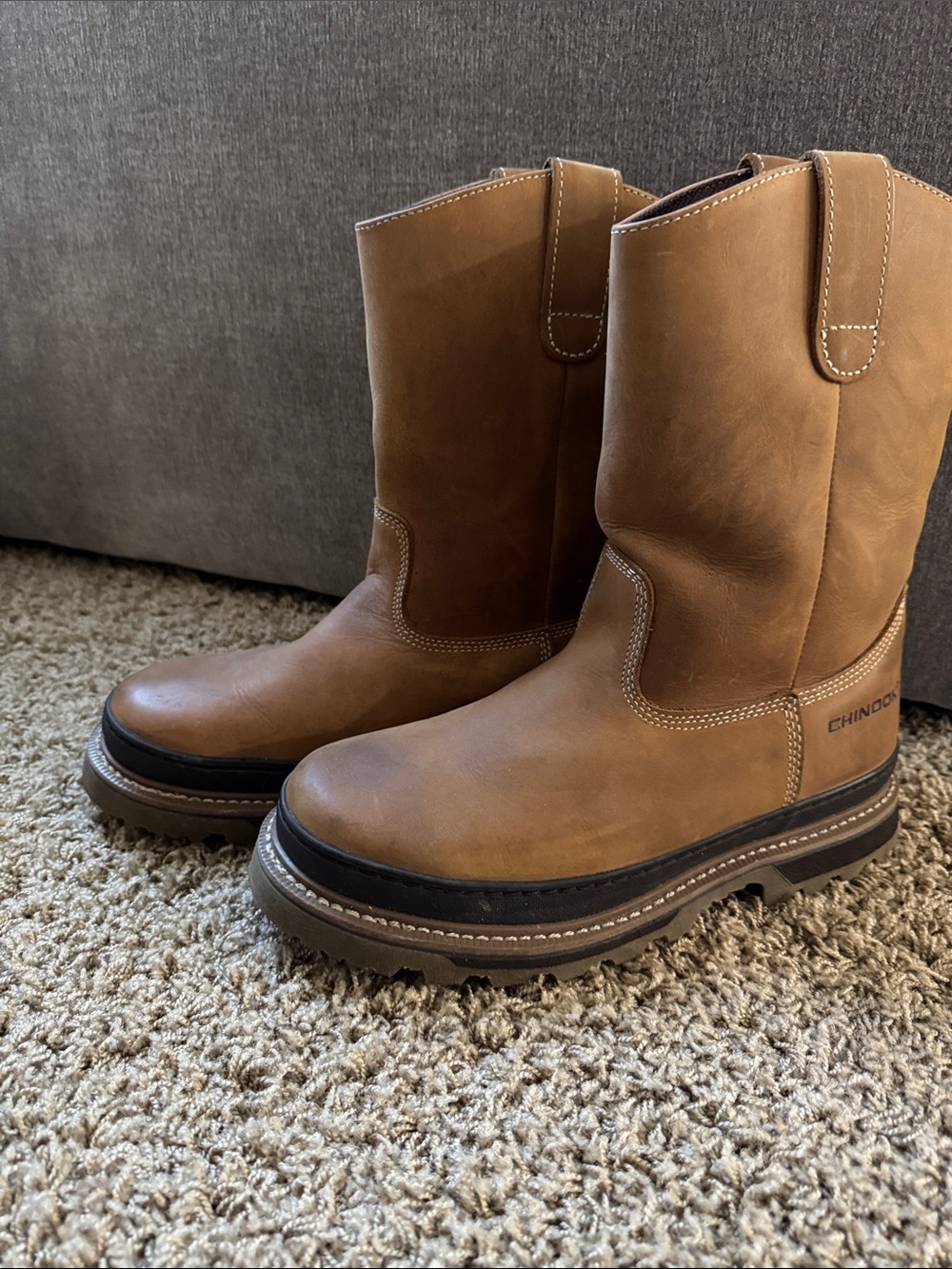 Hind Tan Leather Work Boots for Men - Pull-On Lug Sole